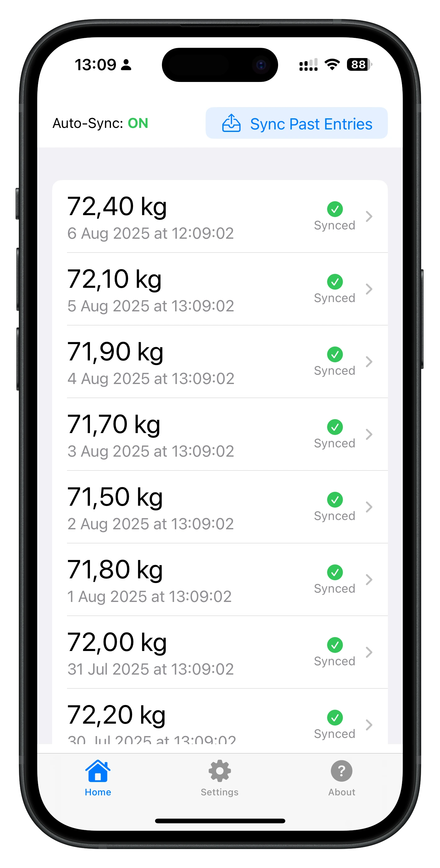 WeightSyncr Home Screen - View all your weight entries