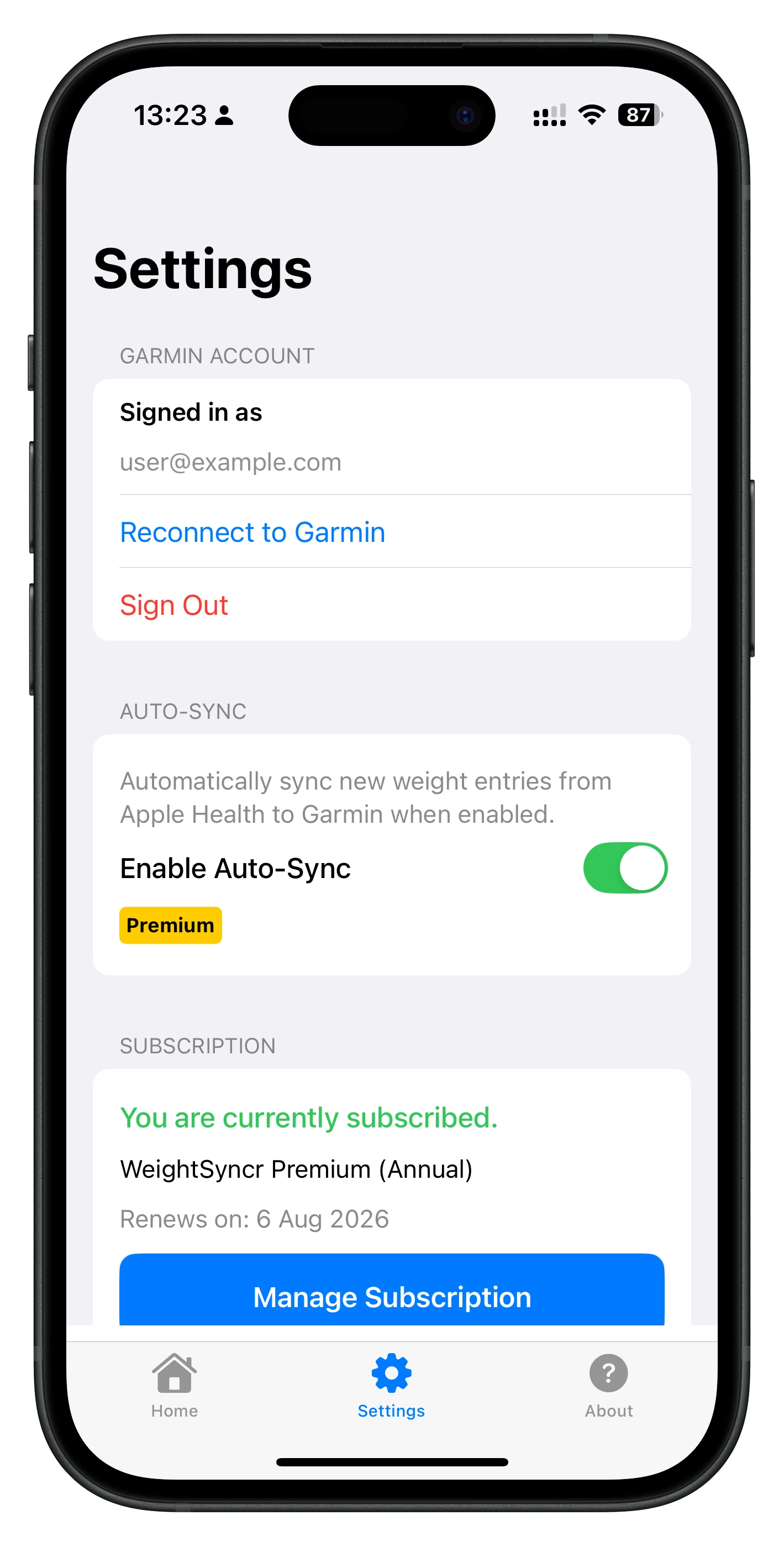 WeightSyncr Settings - Configure your account and preferences